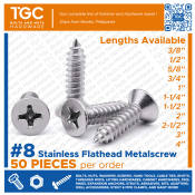 Tgc 50PCS # 8 x 3/8~ 3 inches Stainless Metal Screw Flathead SS Wood Screw