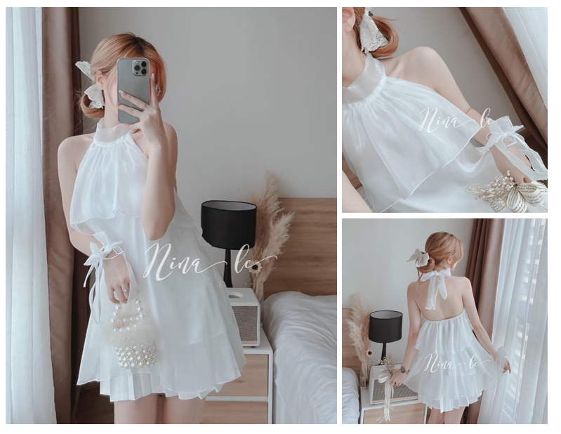 Đầm Cổ Yếm Hở Lưng Kèm Chân Váy 1 Màu Trắng Tinh Khôi
