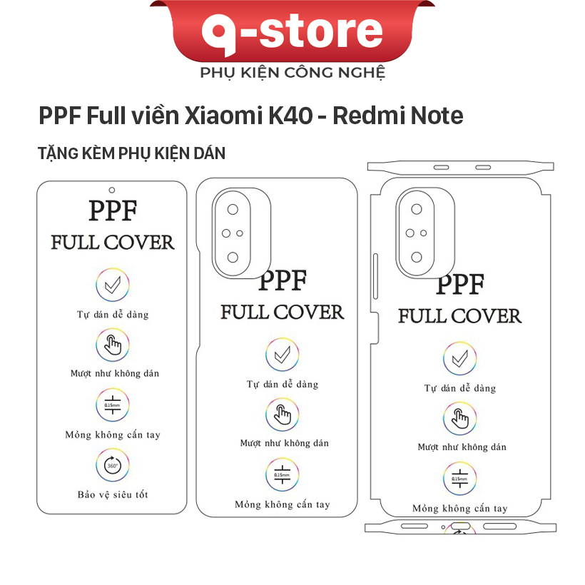 Miếng dán ppf xiaomi redmi k40, k40 pro, poco f3, dán lưng chống xước, full viền