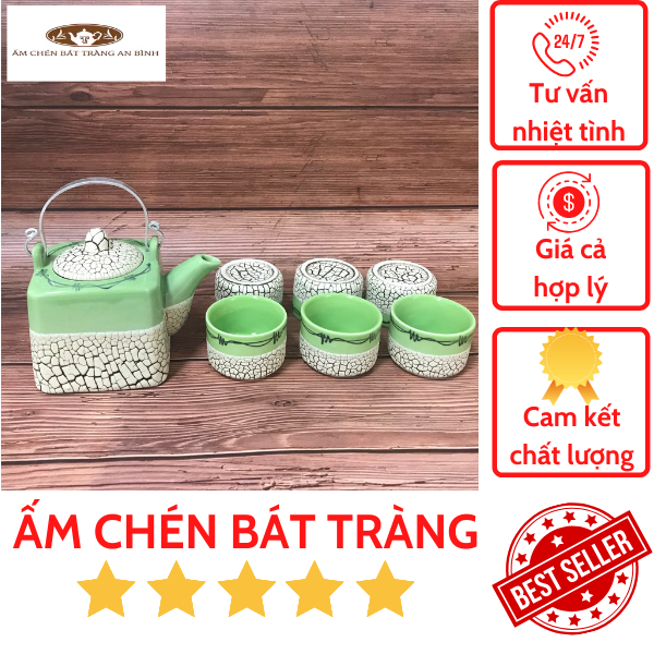 Bộ ấm chén gốm sứ Bát Tràng men Rạn Xanh Vuông