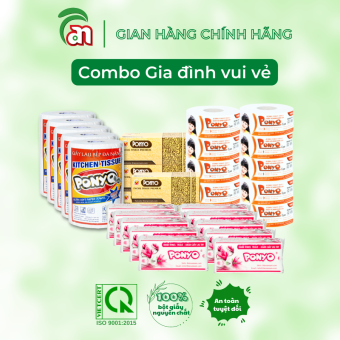 Combo PONYO gia đình vui vẻ: 10 cuộn giấy vệ sinh lớn, 10 gói giấy lau tay, 5 cuộn giấy lau bếp và 5 hộp khăn giấy lụa
