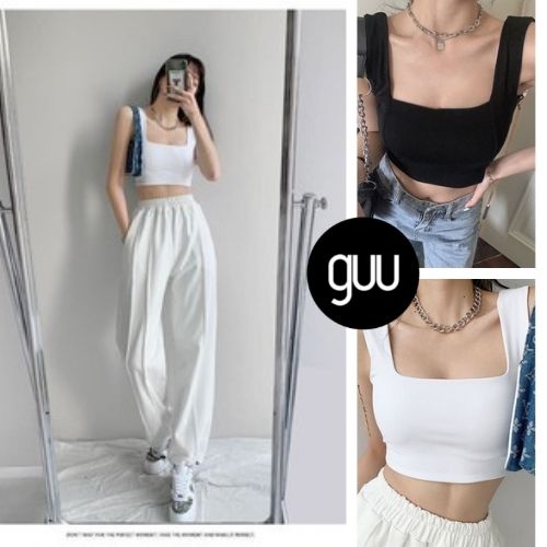 Áo 2 dây nữ cổ vuông bản to dáng croptop ôm trơn màu trắng đen GUU