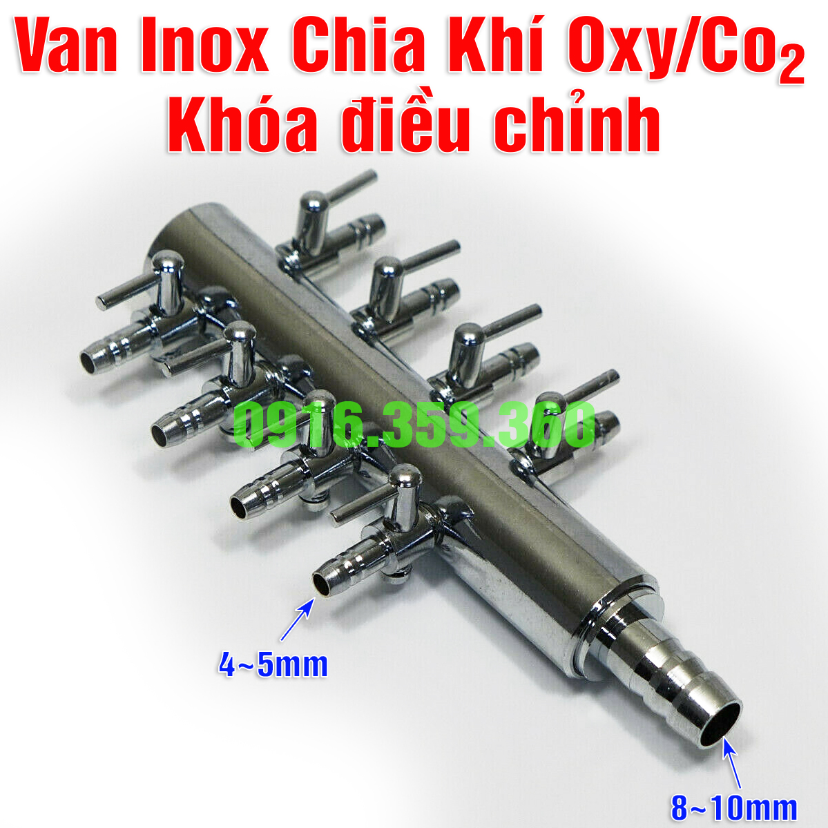 Van inox chia khí oxy/co2 khóa điều chỉnh vòi chia 8