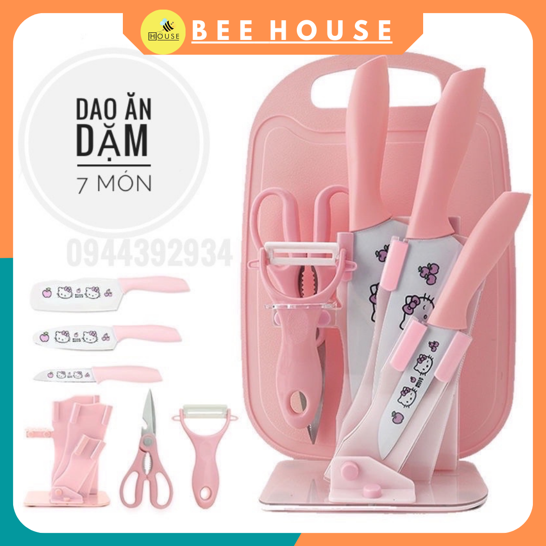 Bộ dao thớt 7 món hello kitty, dao nhà bếp chuyên nghiệp - dao ăn dặm cho bé - bộ dao thép cao cấp kháng khuẩn không gỉ