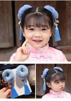 Dây buộc tóc vải lông có đuôi tua rua phong cách Trung Quốc cho bé gái - INTL