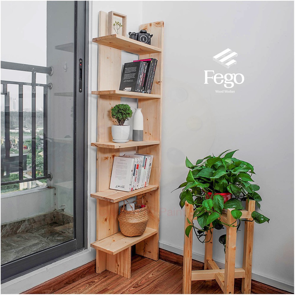 Kệ sách đứng đặt góc tường/ Giá sách gỗ thông nhiều ngăn áp tường FEGO