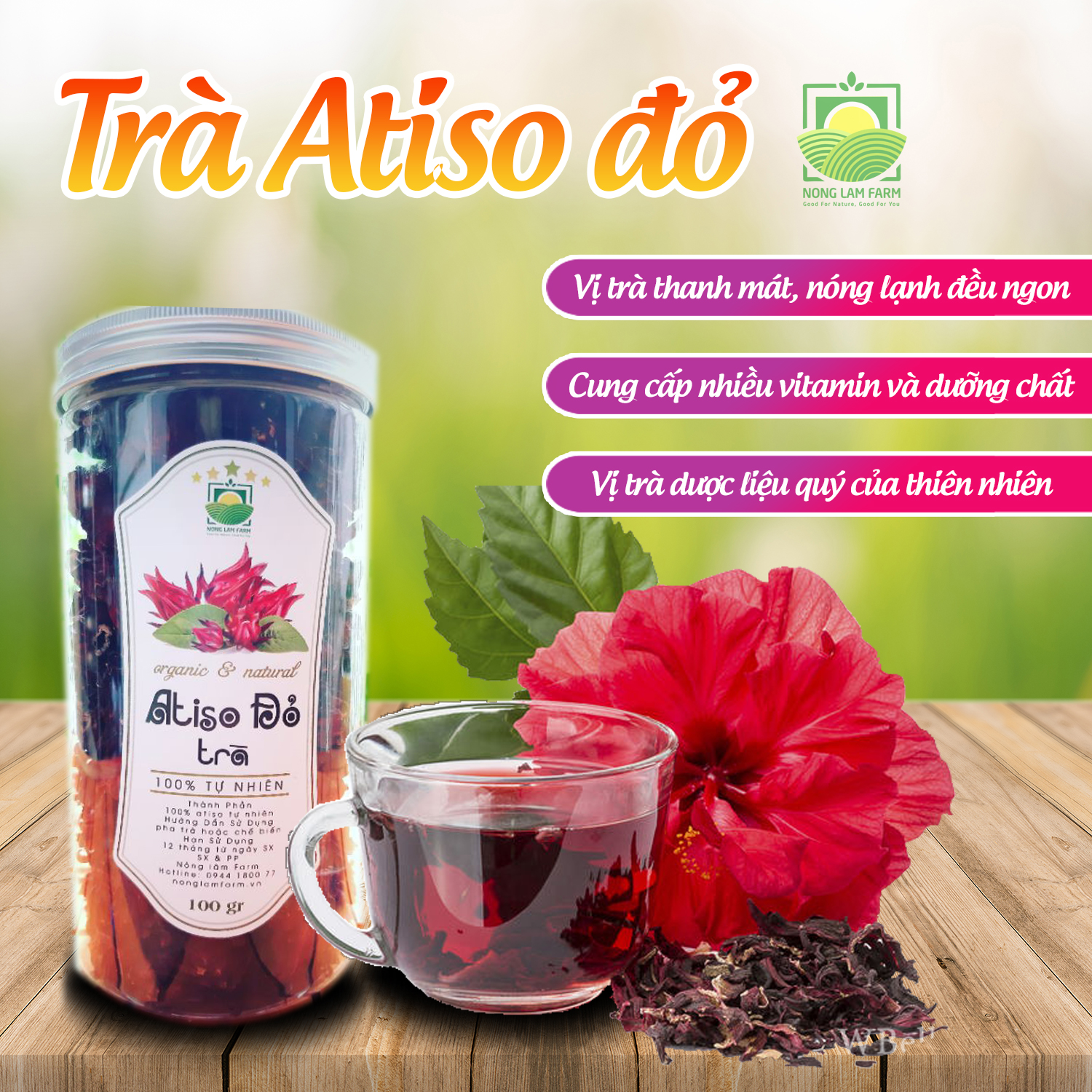 Trà atiso đỏ Nông Lâm Farm 100g - Trà hoa hibiscus tốt cho sức khỏe