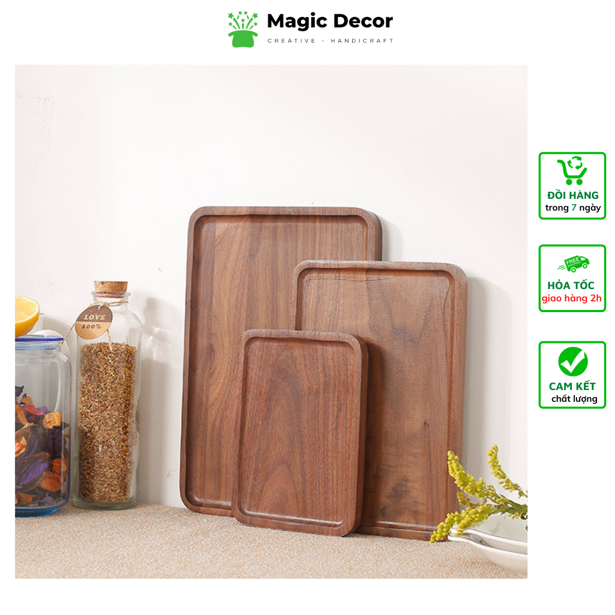 Khay trà gỗ giá rẻ - khay gỗ decor hình chữ nhật - gỗ óc chó kích thước 20x30cm - đựng ấm chén, đồ ăn cực đẹp