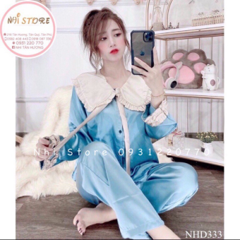 Bộ lụa Pijama - Bộ Quần Dài Tay Dài Lụa Satin Tiểu Thư Cổ Phối Bèo Nơ Freesize 45-60kg