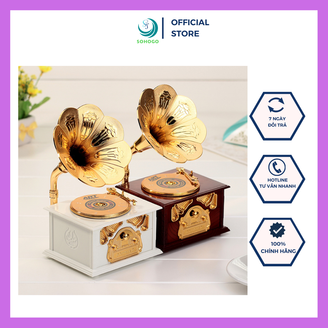 [SẴN HÀNG-HCM]-Hộp nhạc hình hoa loa kèn cổ điển phong cách vintage 12.5*10.3*21.5cm- Hộp phát nhạc phong cách vintage có ngăn kéo, S&T
