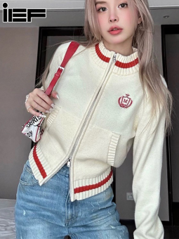 Ief áo khoác áo len thêu cổ điển 2023 Preppy màu tương phản cắt Áo cardigan dệt kim