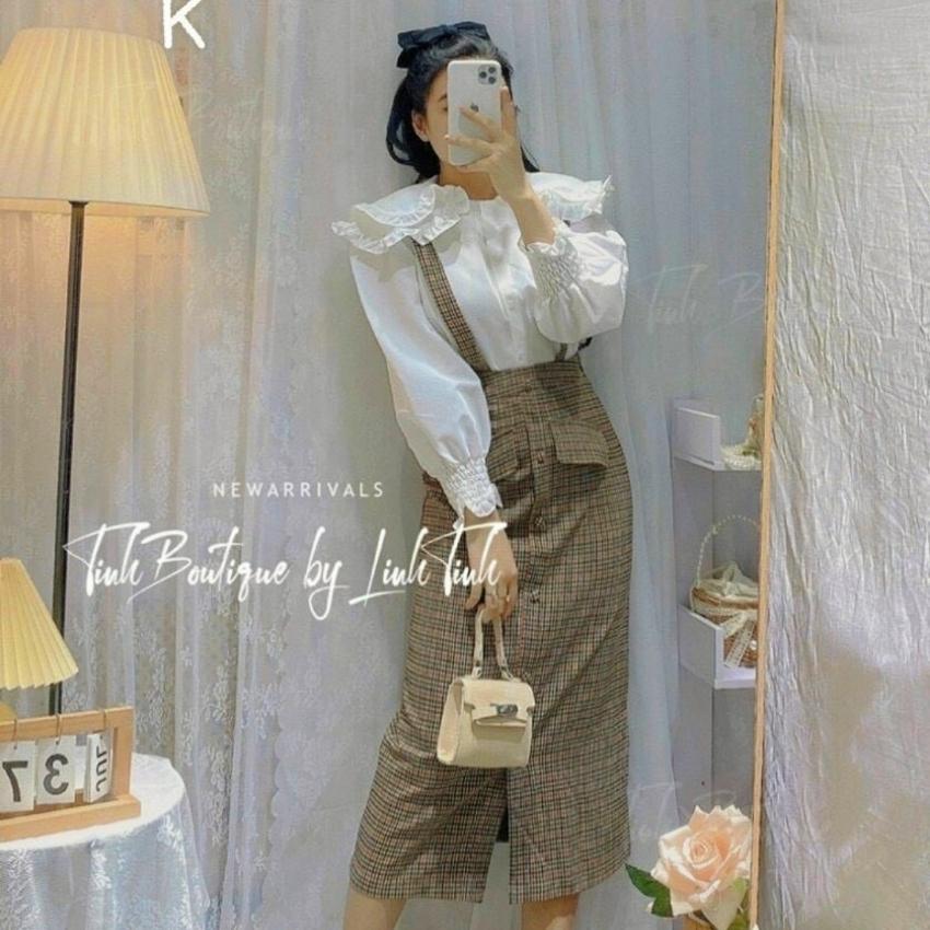 Set váy yếm nữ ❤Yếm váy dây và áo sơ mi kiểu bo tay dể thương chất liệu kate yếm váy caro vàng phối nút gỗ sang trọng có video tặng kèm nước hoa 20ml giúp bạn thêm phần tự tin - GIRLY STORE
