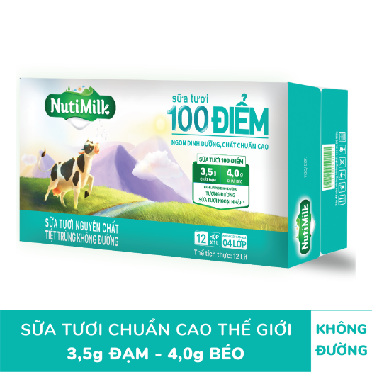 NutiMilk Sữa tươi 100 điểm - Sữa tươi tiệt trùng nguyên chất không đường Hộp 1 Lít STKD1LAZ - Thương Hiệu NUTIFOOD - AZAGO