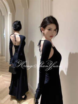 Hengshanyuan Chân váy nữ Đầm dài Đầm dài không lưng cổ vuông không dây dài tay Đầm dài phong cách Y2K