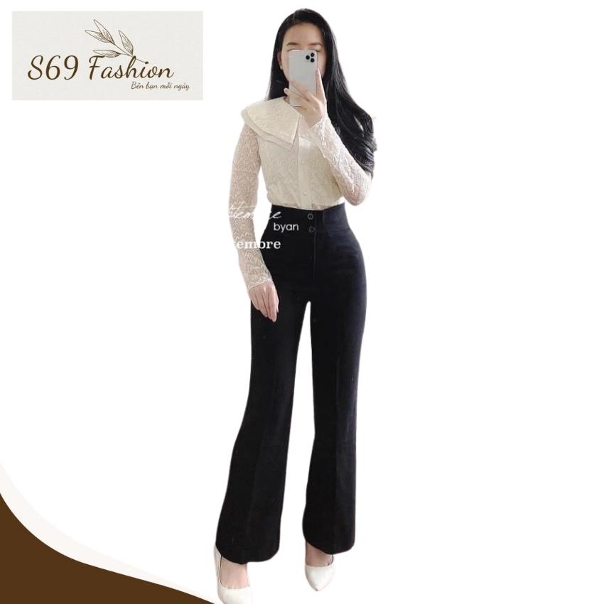 Quần ống loe S69 Fashion lưng cao 2 cúc chất vải trượt Thái co giãn nhẹ, tạo dáng sành điệu công sở tôn dáng ống vẩy nữ