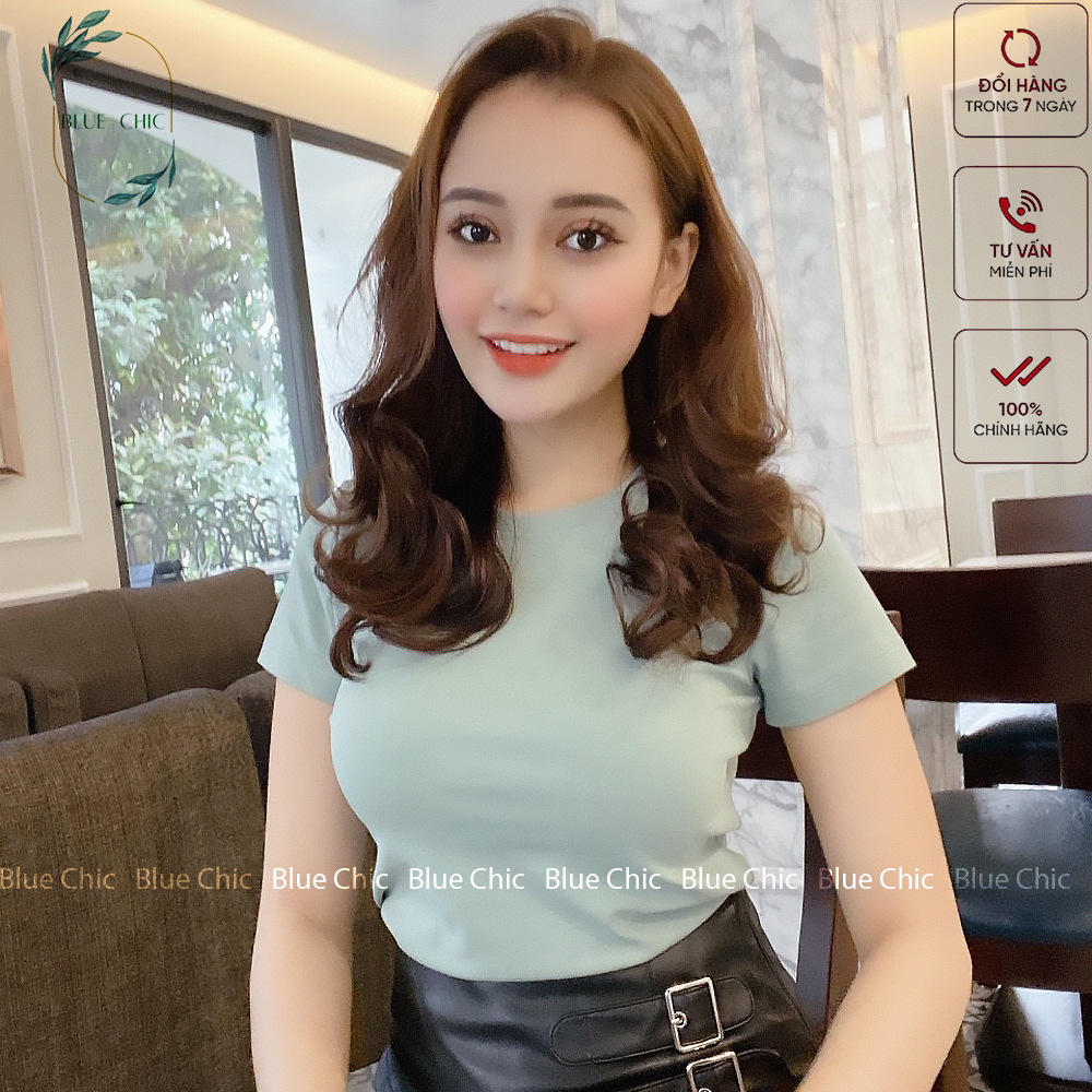 Áo thun nữ cổ tròn Blue Chic cộc tay ngắn dáng ôm body thun cotton trơn màu trắng đen xanh đỏ be hồng đỗ đỏ