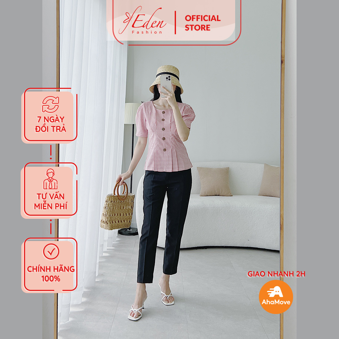 Áo kiểu nữ công sở thời trang Eden thiết kế cổ tròn xếp li eo chất liệu caro xốp Hàn Quốc không nhăn - ASM176
