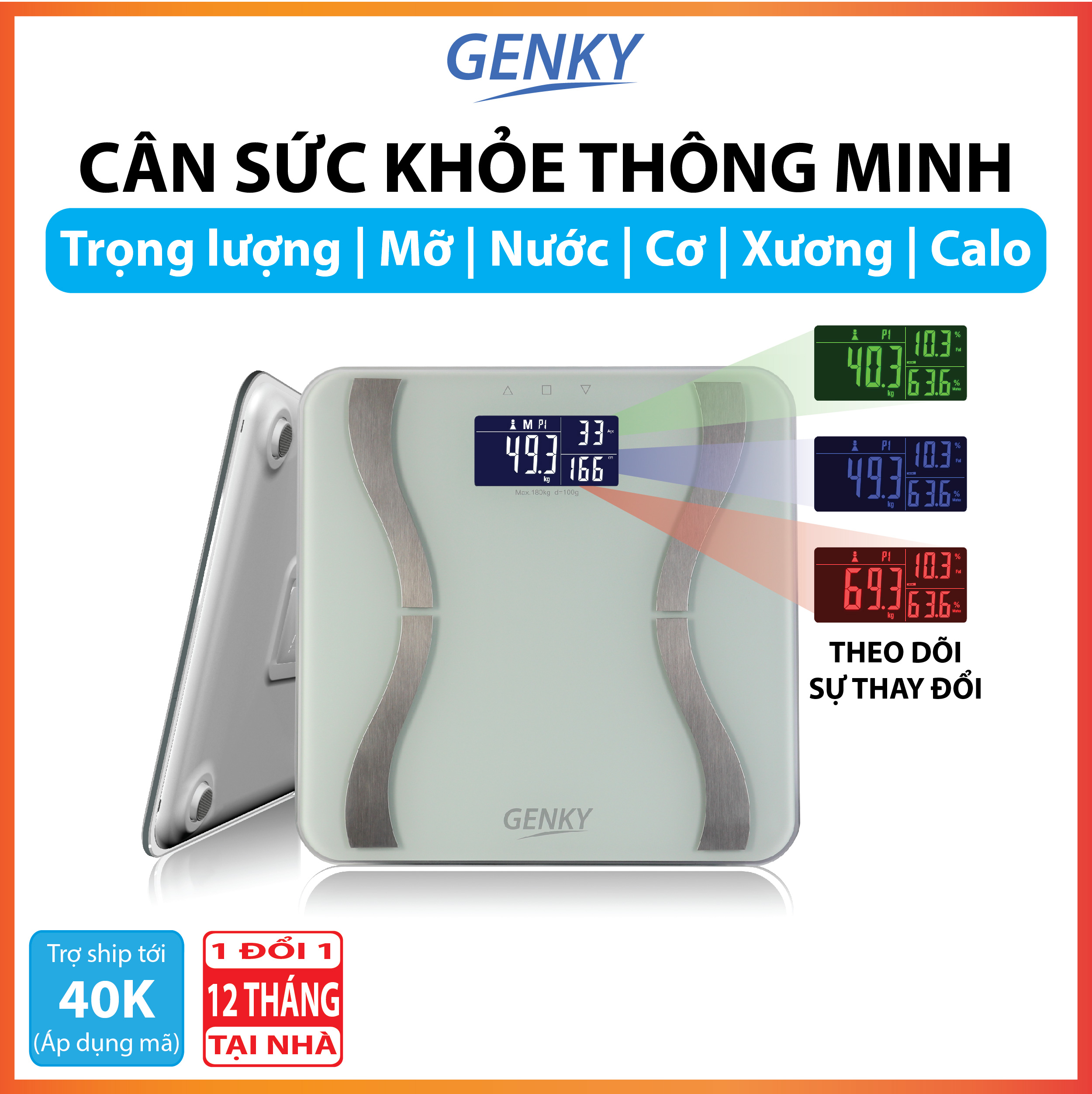 Cân sức khỏe điện tử thông minh Genky - phân tích cơ thể, theo dõi mỡ, cơ, nước, xương, calo, màn hình siêu rộng