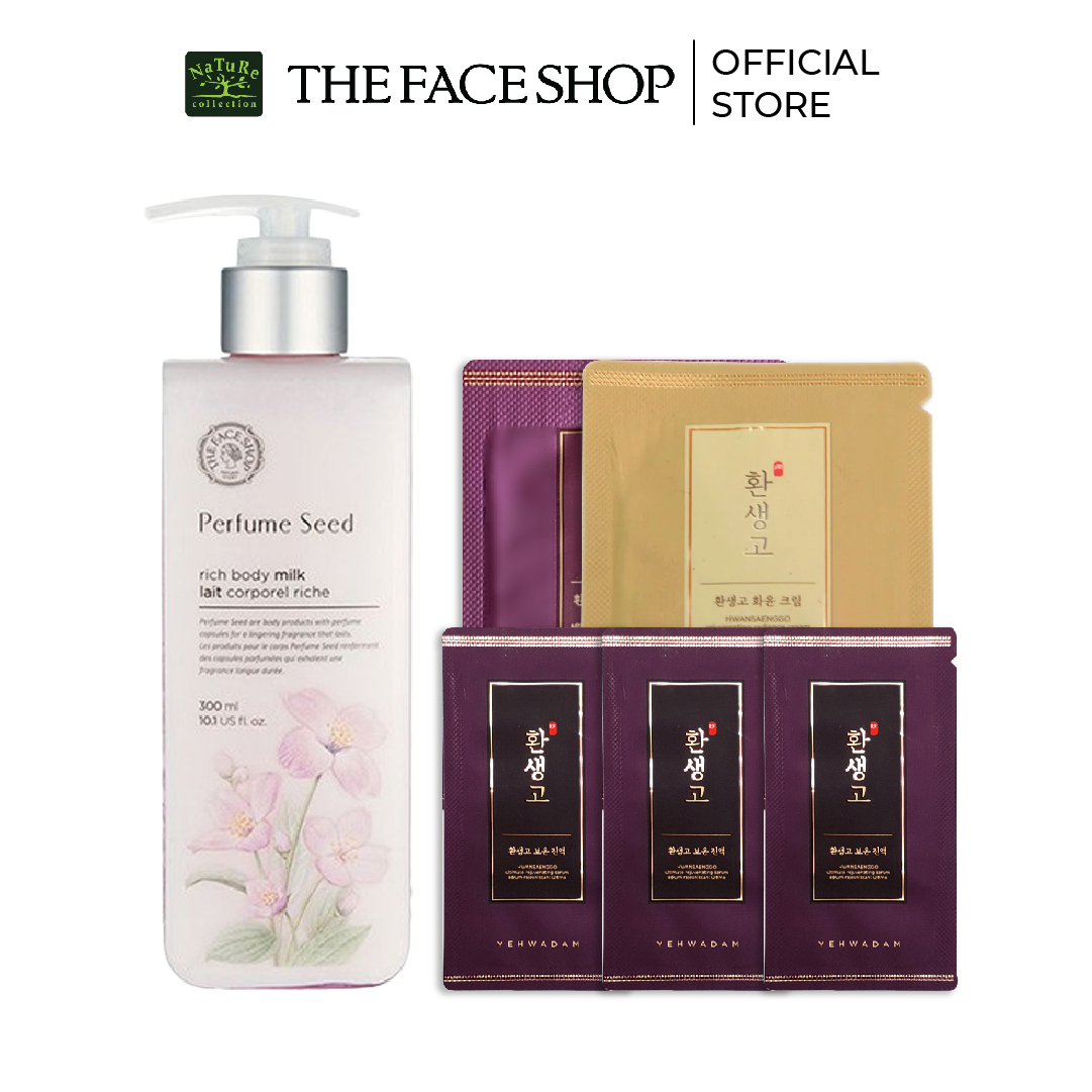 Combo sữa dưỡng thể thefaceshop 300ml+ kem dưỡng vùng mắt+trắng da 1.2mlx6+tinh chất trẻ hóa da 1.5mlx3