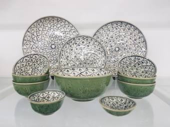 Bộ Chén Dĩa 12 Sản Phẩm Màu Men Ngọc Họa Tiết Gốm Sứ Bát Tràng -Ngọc Vỹ