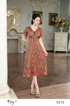 Đầm EMY EM9319  Xoè Hoa Đỏ Lụa Vân Pháp
