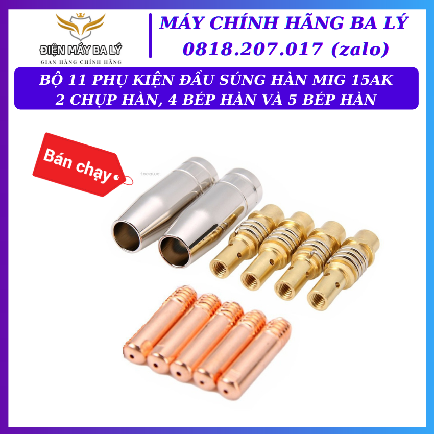Bộ 11 phụ kiện máy hàn MIG gồm béc hàn/chụp hàn và khớp nối súng hàn