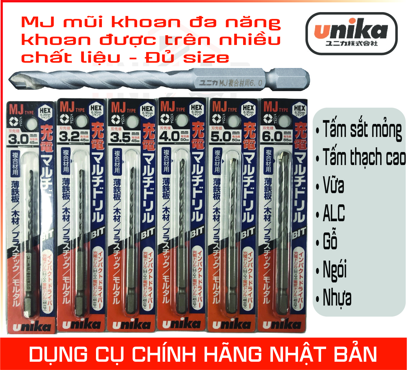 [HCM] [FREE SHIP] Mũi khoan đa năng loại tốt MJ Unika của Nhật Tấm Sắt mỏng, Tấm Thạch Cao, ALC, Ngói, Nhựa mã MJ Unika chuôi lục giác