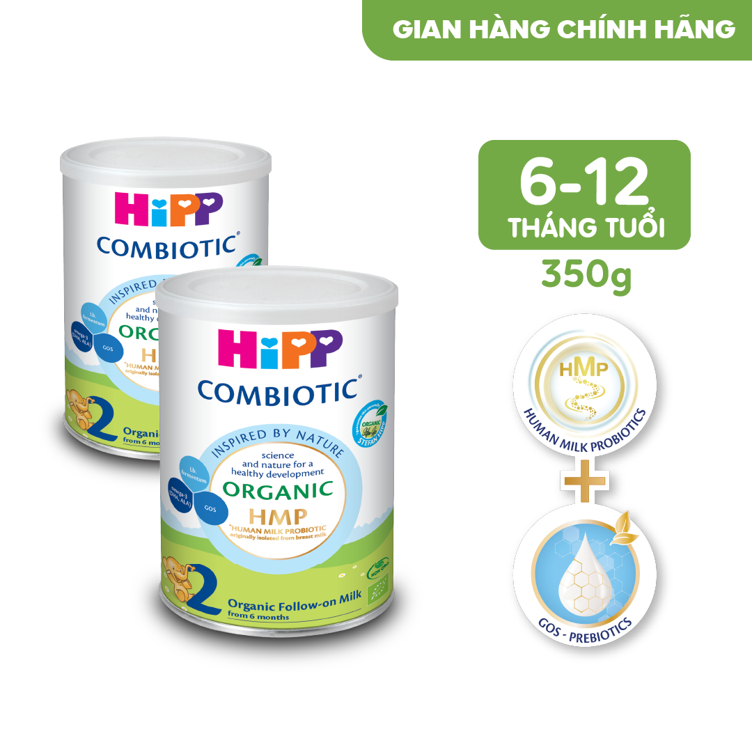 Combo 2 lon sữa bột dinh dưỡng công thức HiPP 2 Organic Combiotic 350g chất lượng hữu cơ tự nhiên an toàn, bổ sung Omega 3 (DHA & ALA) dành cho trẻ từ 6 đến 12 tháng tuổi (2 lon x 350g) (AS2475_x_2)