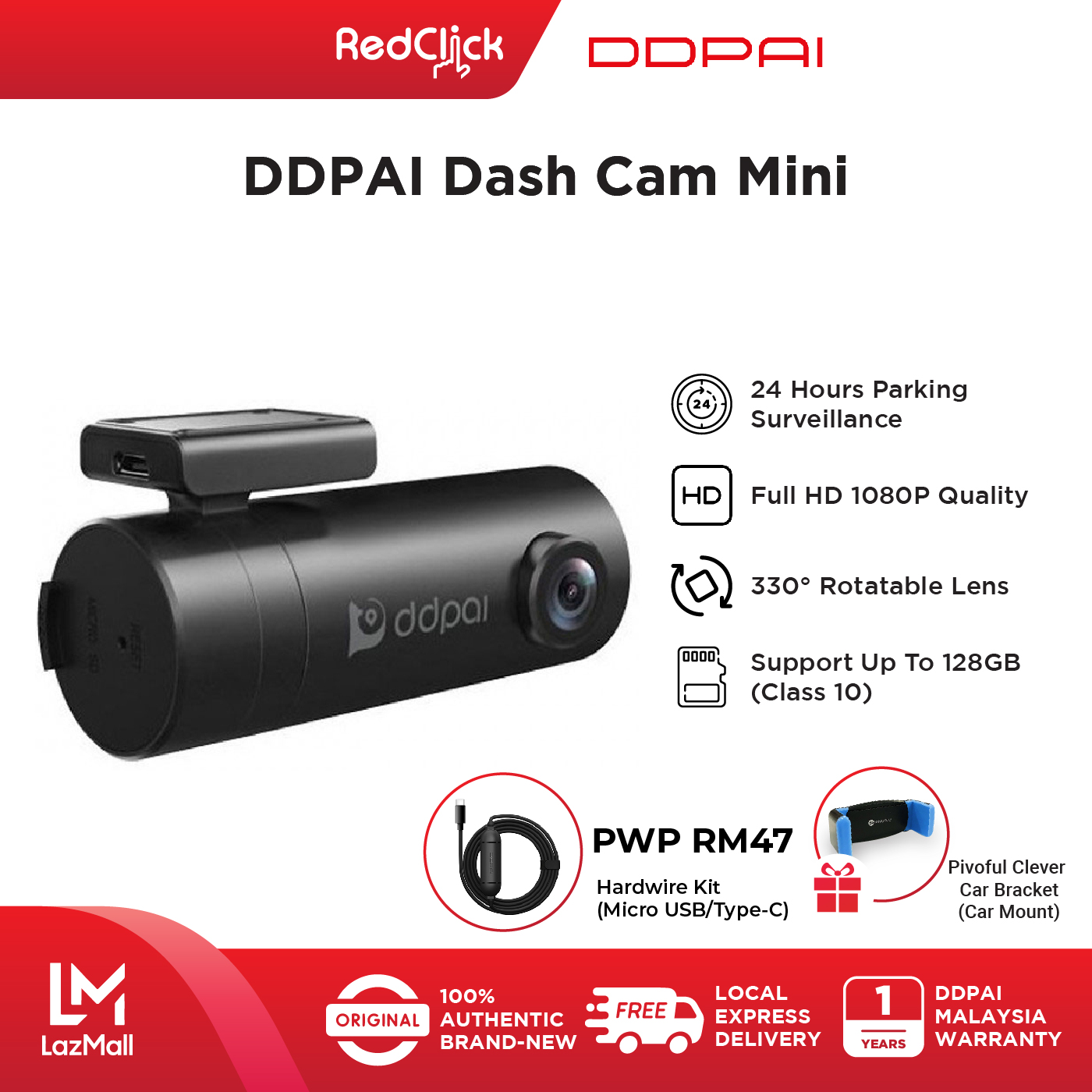 DDPAI Dash Cam Mini 1080P Resolution 24 Hours Parking Monitoring 330° Rotatable Lens Front and Rear Video Recording + Free Gift