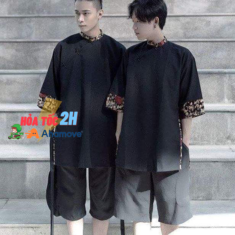 [HCM]Áo dài Shanghai cách tân nam nữ Unisex phối gấm hỷ hán phục cổ trang - Lay Unisex