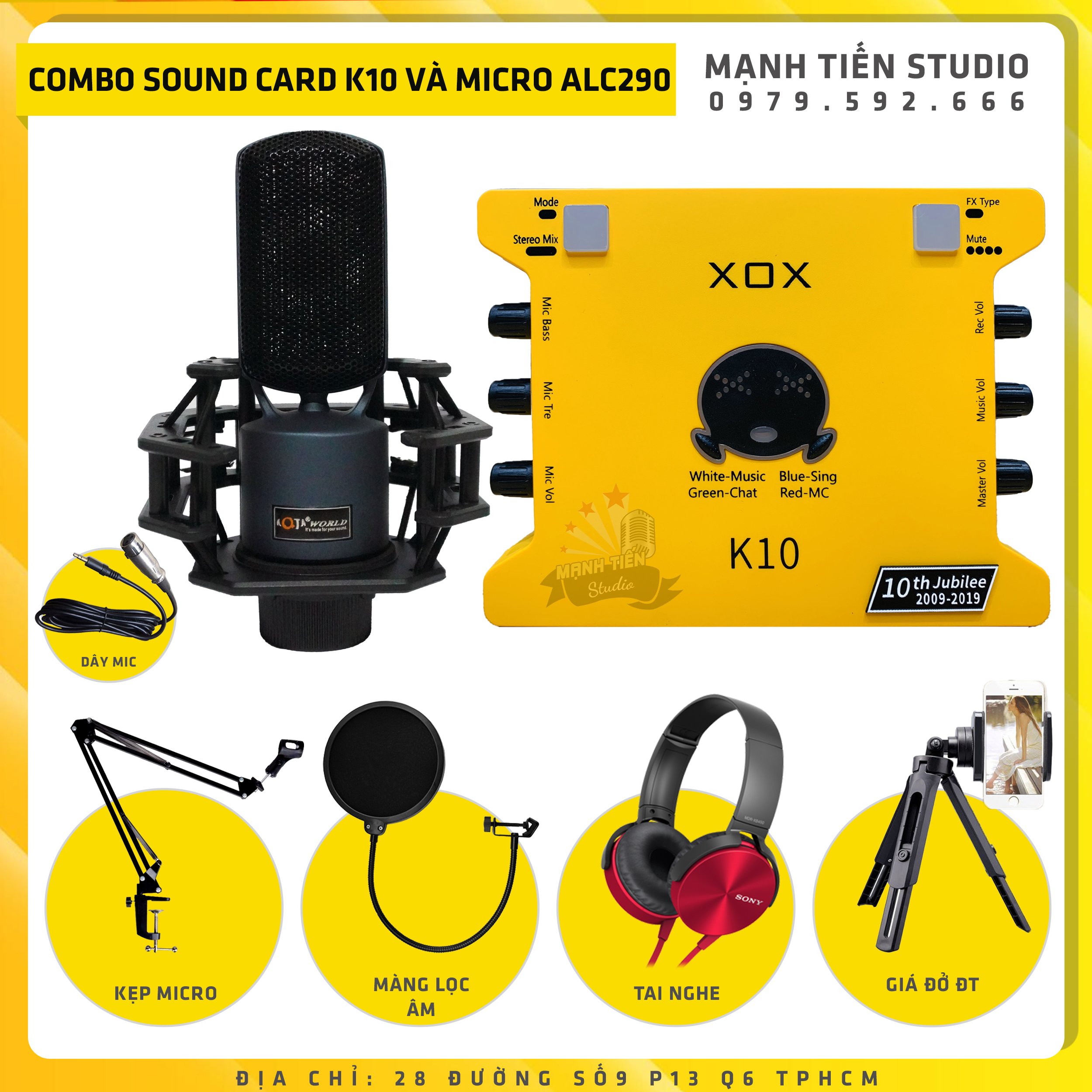 Combo thu âm, livestream Micro AQTA ALC-290, Sound card XOX K10 Jubilee - Kèm full phụ kiện kẹp micro màng lọc âm thanh giá đỡ điện thoại tai nghe bảo hành 12 tháng - Chính hãng