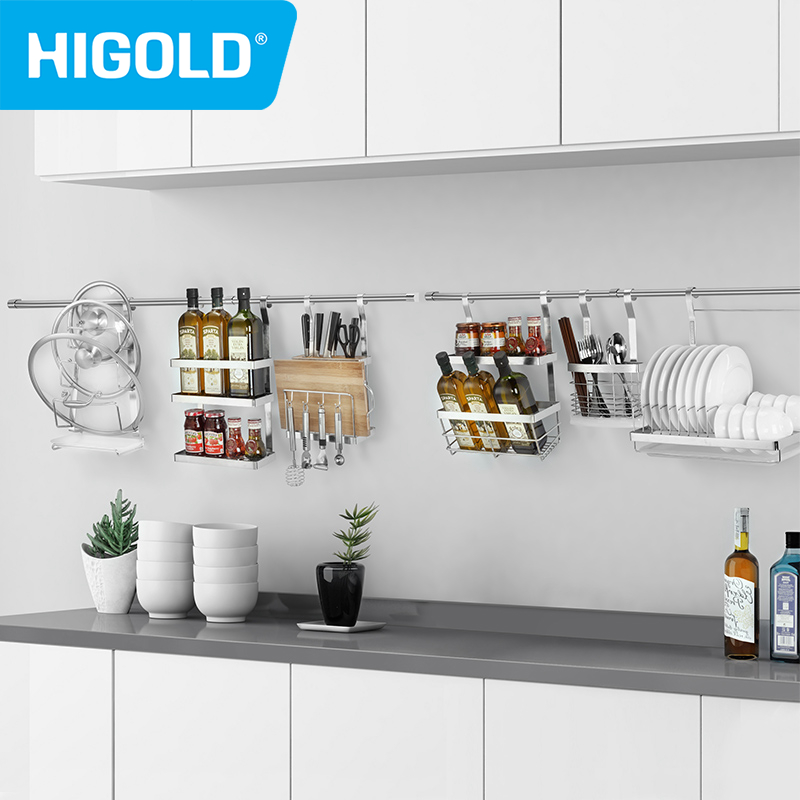 Gambar HIGOLD Stainless Steel Kitchen Rack Wall Knife Rack Condiment Rack Hanger Storage Rack Hook Pendant RodKitchen Organizers High Quality