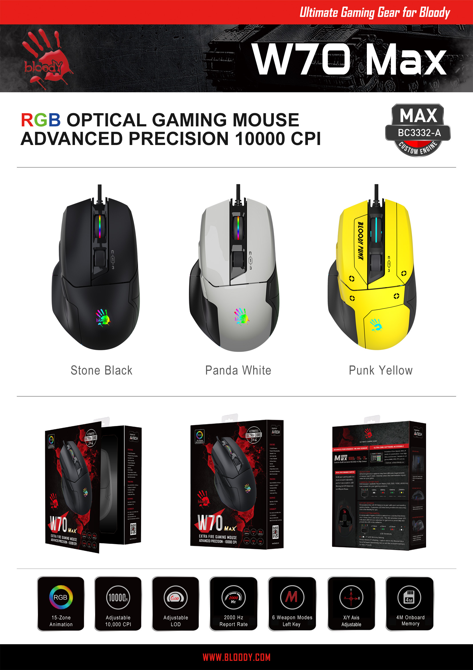 Bloody W70 Max - RGB Gaming Mouse - 10000 CPI - 5 RGB Effects - 2000 Hz Report Rate - 4M Memory - Extra Fire Wheel - Black/White/Yellow