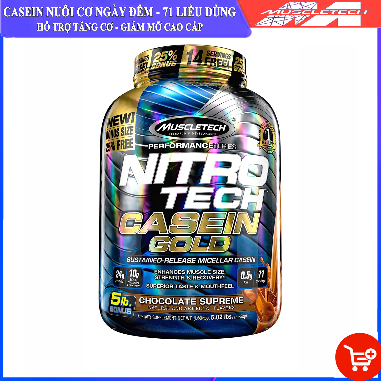 Sữa tăng cơ NitroTech Casein Gold của MuscleTech hộp 71 lần dùng hỗ trợ xây dựng và phát triển cơ bắp nuôi cơ và duy trì protein cho cơ kéo dài suốt 8 tiếng liên tục cho người tập GYM cần tăng cơ và xây dựng cơ bắp
