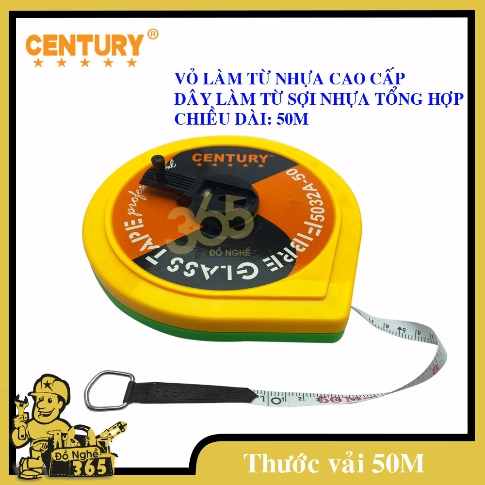 Thước vải đo độ dài 50m Century - thước vải 50m, Phần đầu dây có móc để cố định đầu dây gồm 2 hệ đo hệ mét và hệ inch, đo độ dài mặt phẳng, chiều cao tường, chiều dài nhà, đất