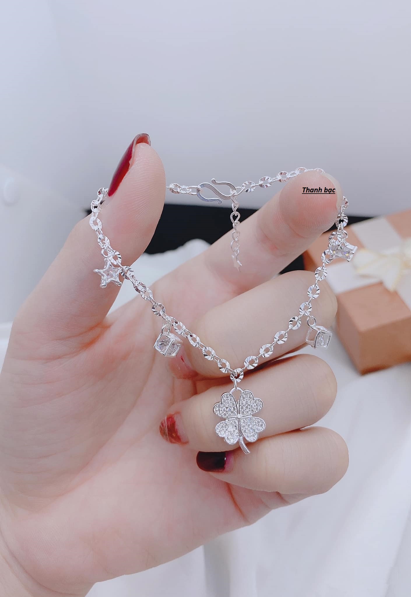 Lắc tay nữ - lắc tay nữ bạc ta mix lá và hộp đá - Thanh bạc