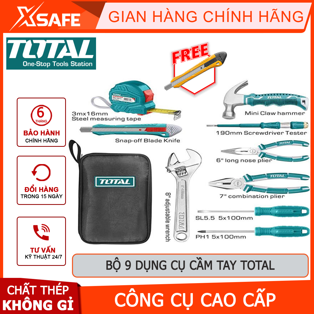 Bộ đồ nghề cầm tay 9 chi tiết total thkthp90096, bộ 9 dụng cụ cầm tay gồm thước cuộn, tua vít, mỏ lết, kềm cắt mỏ dài, kềm răng