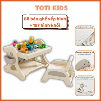 Bộ bàn ghế xếp hình lego 157 chi tiết , bàn xếp hình đa năng, bàn học bảng vẽ cho bé
