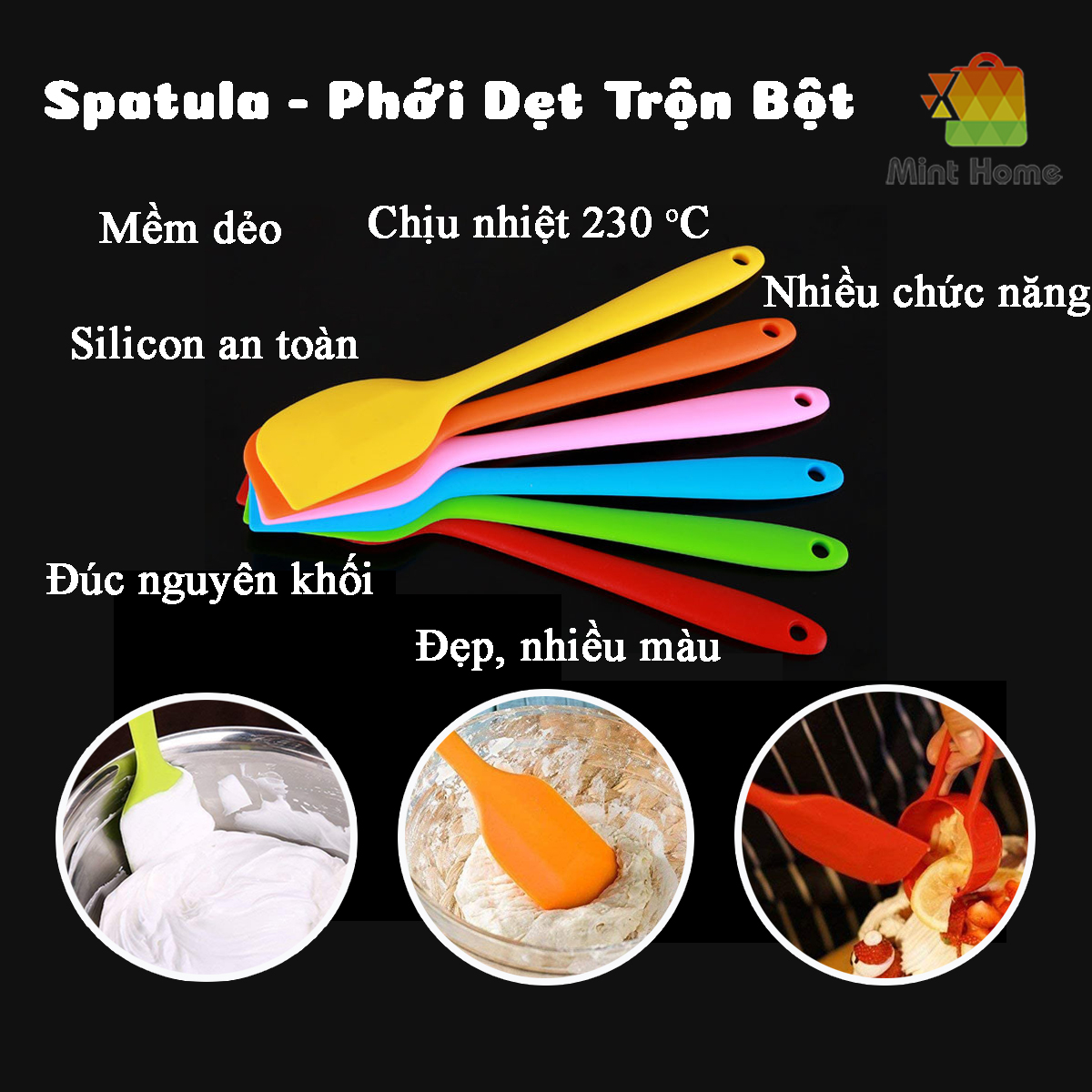 Dụng cụ làm bánh: Cây Spatula breadleaf - Phới dẹt trộn bột, đánh trứng silicon chịu nhiệt 21cm, 28cm