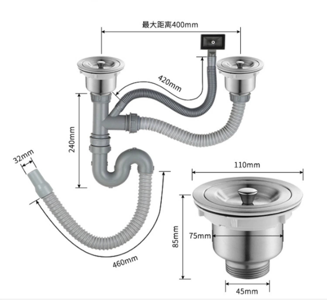 Xi phông thoát nước dành cho chậu rửa chén,bát dành cho chậu 2 hố-Inox 304 siêu bền