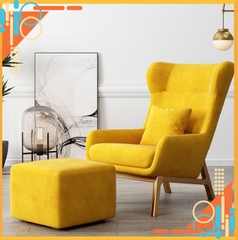 Ghế thư giãn đọc sách kèm đôn bọc nỉ chân gỗ, ghế sofa kèm đôn cho phòng khách tựa lưng cao NIKITA SHOP