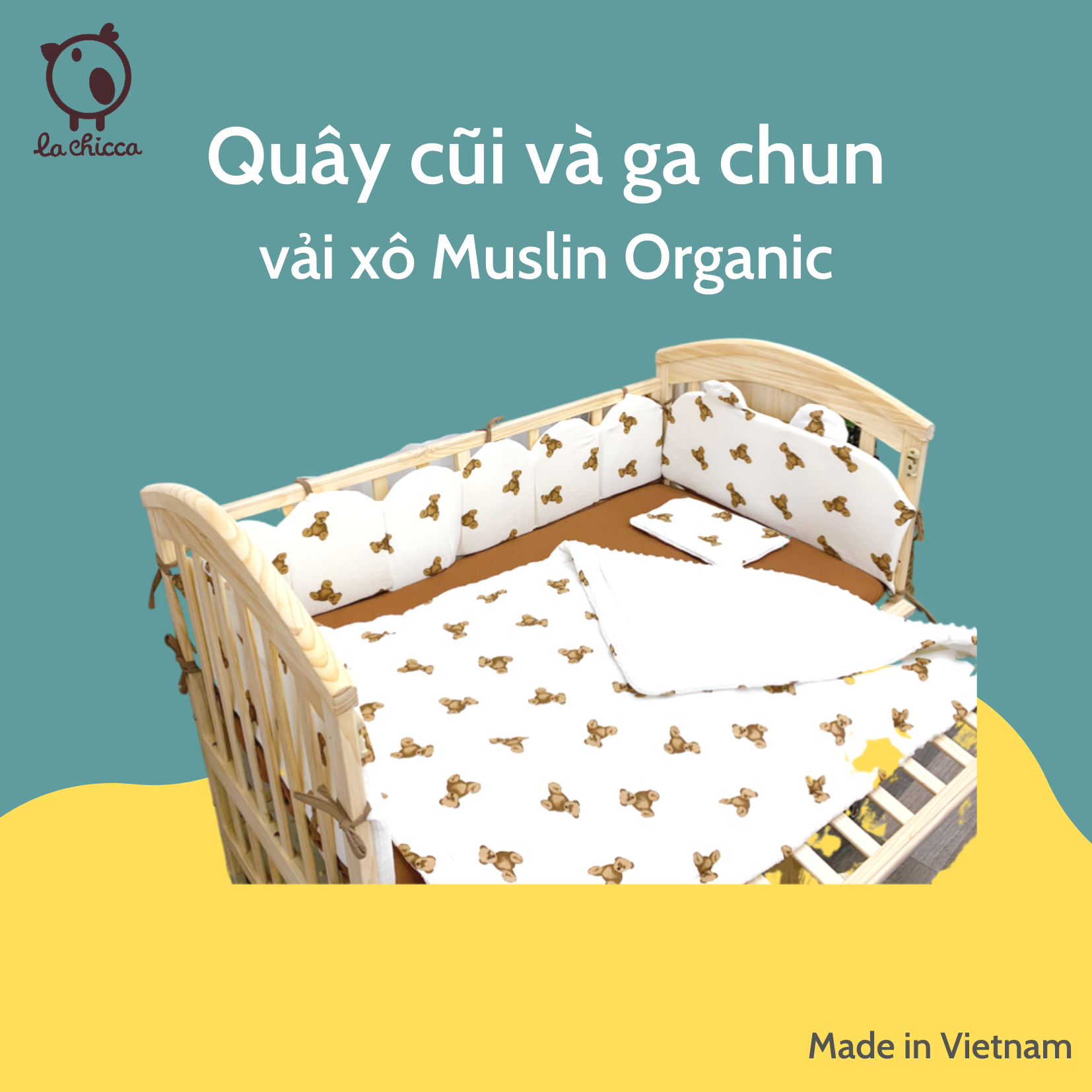 Trọn bộ quây cũi kèm ga chun cho bé bằng vải xô Muslin made in Vietnam