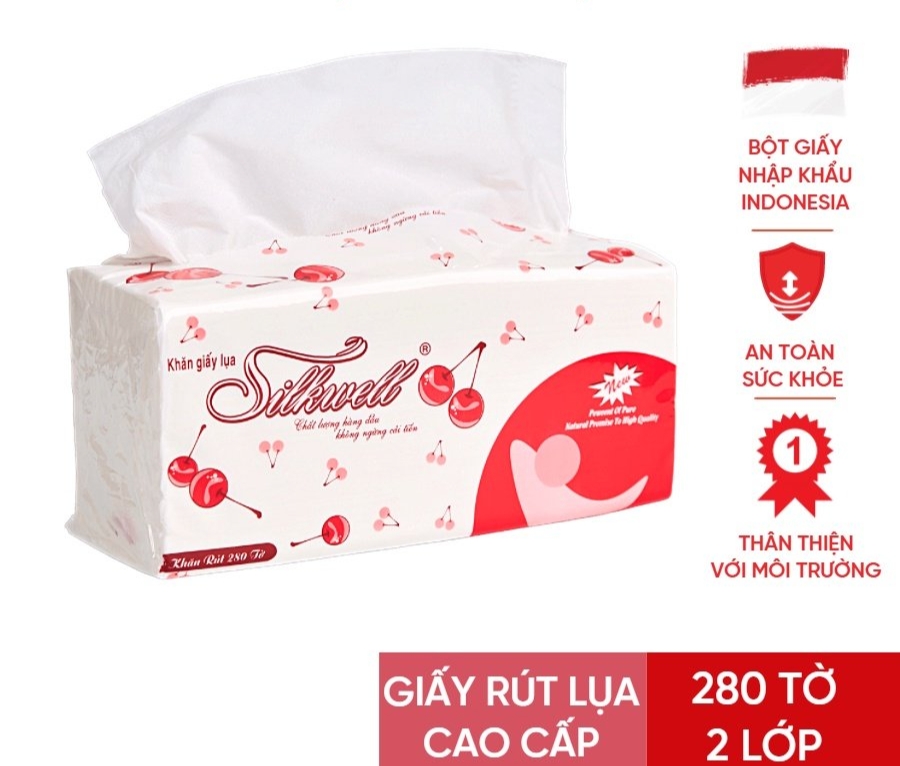 Giấy ăn khăn giấy rút lụa Silkwell Cherry đỏ 280 tờ 2 lớp siêu dai và mềm