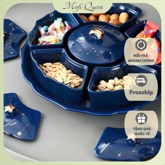 Hộp đựng bánh kẹo tết, khay bánh kẹo tết khay sứ 6 ngăn, thiết kế mẫu màu xanh, hoa văn tinh xảo, đẹp mắt [KIT0036]