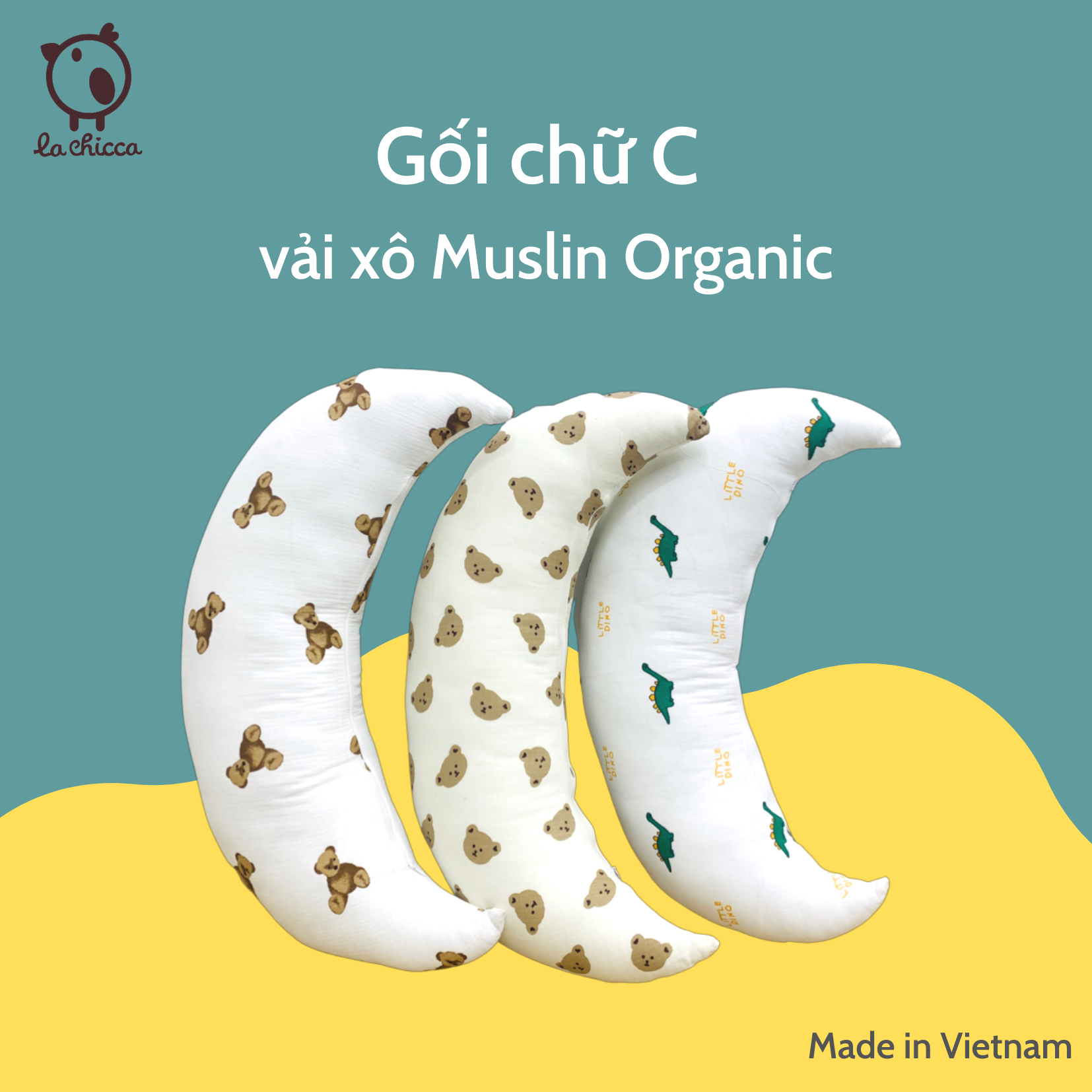 Gối chữ C mặt trăng cho bé vải xô Muslin Organic made in Vietnam