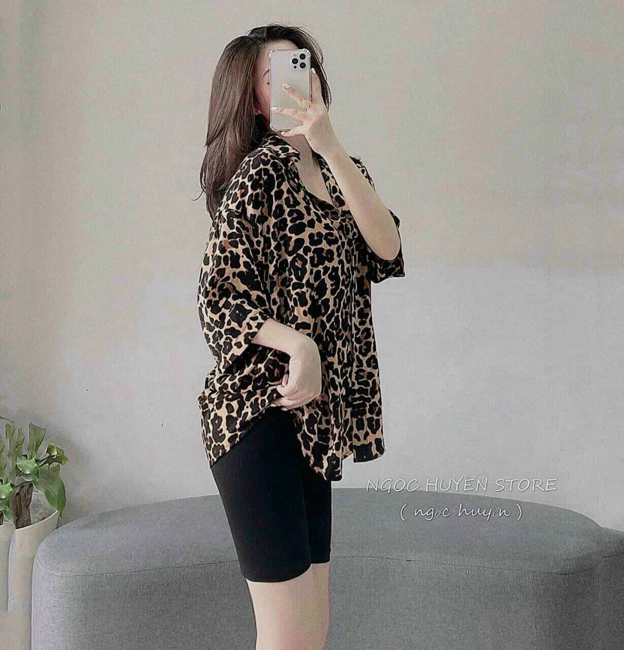 Set bộ nữ mặc ở nhà, mặc ngủ áo sơ mi form rộng cài nút, phối quần ôm, quần đùi, set bộ áo sơ mi da beo quần ngố cá tính