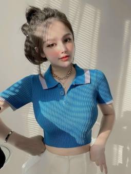 Áo Len Cộc Tay Cổ Bẻ Pha Viền Mông, Áo Dáng Ngắn Croptop Cài Cúc (38-50kg).