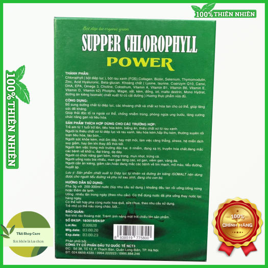 Bột diệp lục supper chlorophyll power (120g) [ sản phẩm công ty nct3 ], hỗ trợ cho gười bị thiếu chất xơ từ diệp lục và rau xanh, tiêu hóa kém, hấp thụ kém