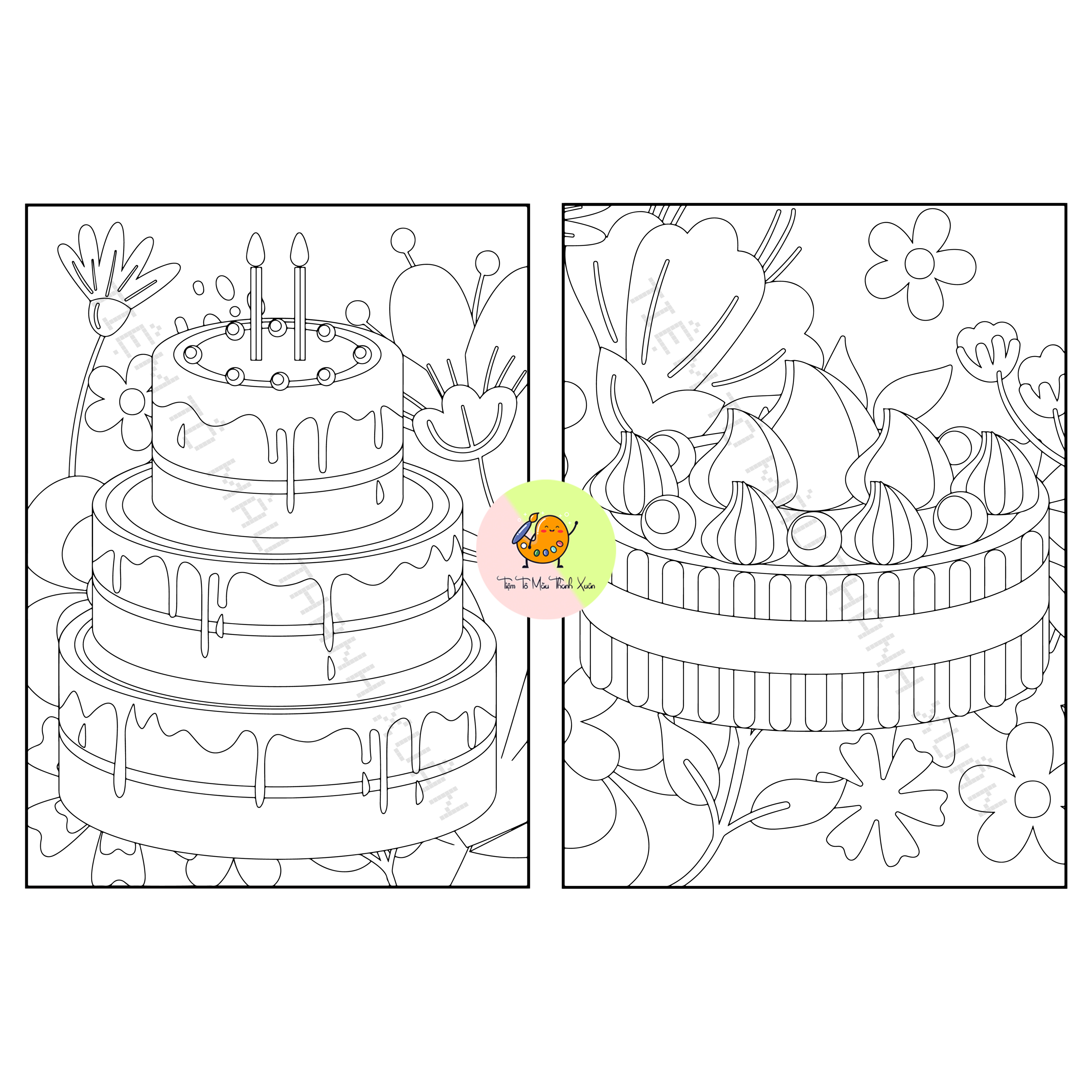 [TX23] Set 50 Tờ Tranh Tô Màu Hình Bánh Ngọt Kích Thước A5 Dành Cho Màu Sáp, Màu Chì - Tiệm Tô Màu Thanh Xuân