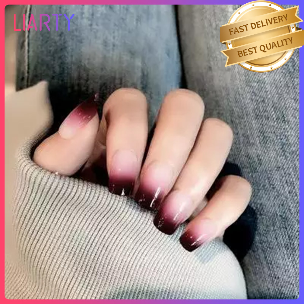 24 Cái Màu Đỏ Mới Màu Gradient Giả Dài Móng Tay Thời Trang Móng Giả Phổ Biến Cho Phụ Nữ Và Cô Gái Với Keo Dán